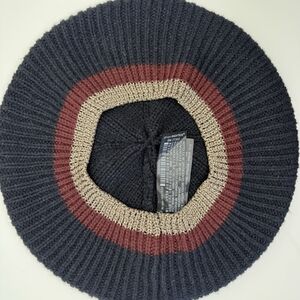 Zara Knit Beret Dark Navy Blue Burgundy Gold Trim